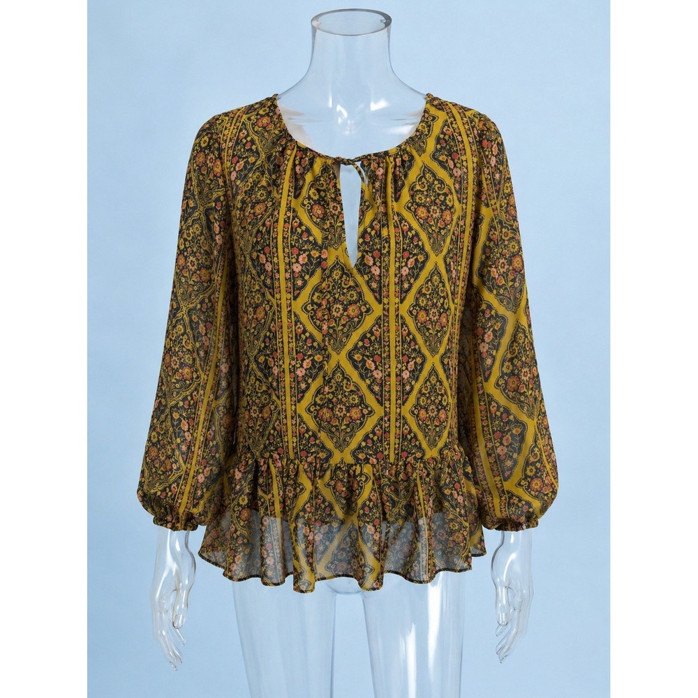 Like Mynded Peasant Top Tunic Sheer Boho Long Sleeve Green Floral Peplum Hem M